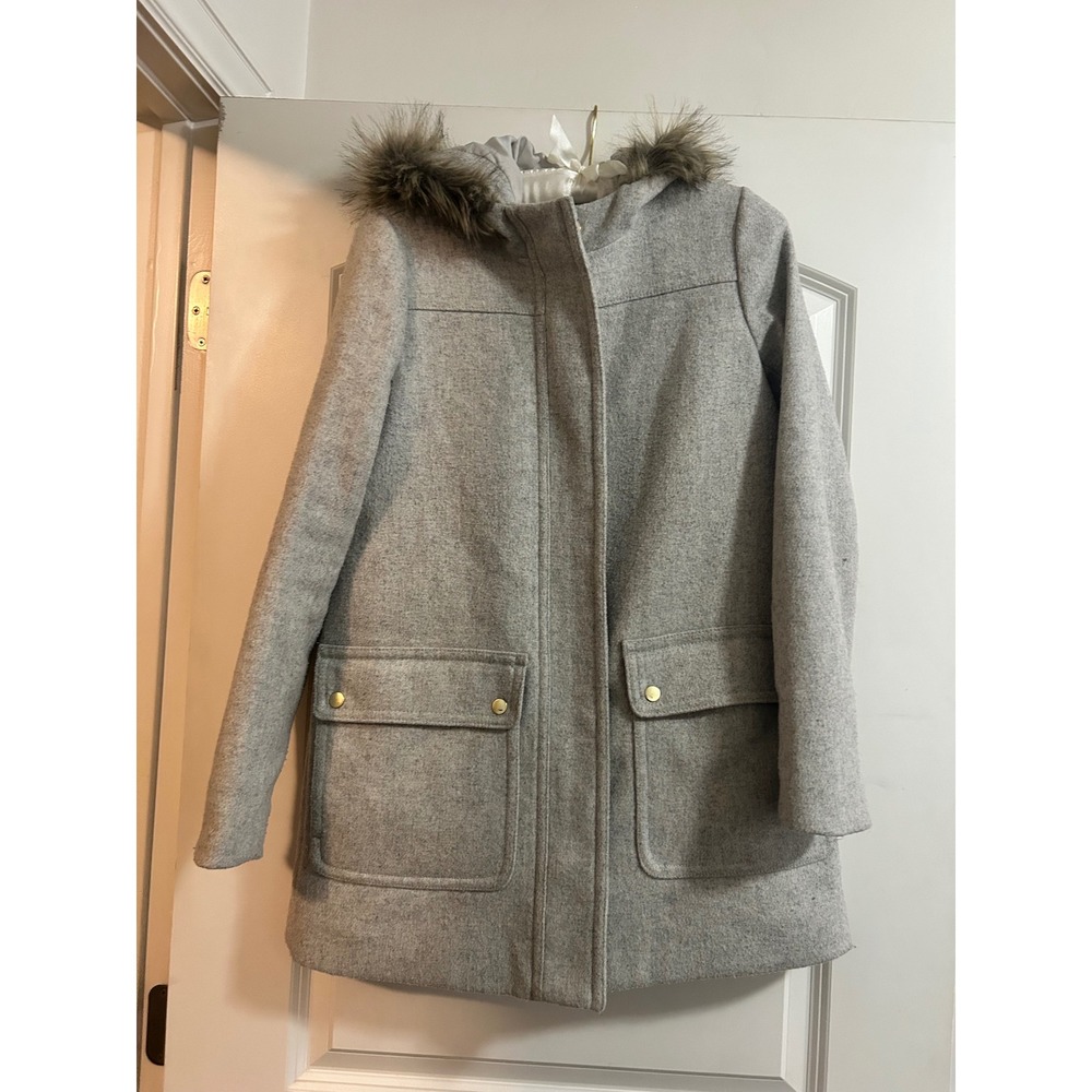 J. Crew Hooded Wool Blend Parka‎ Coat with Faux Fur Trim Light Gray Size XS 4